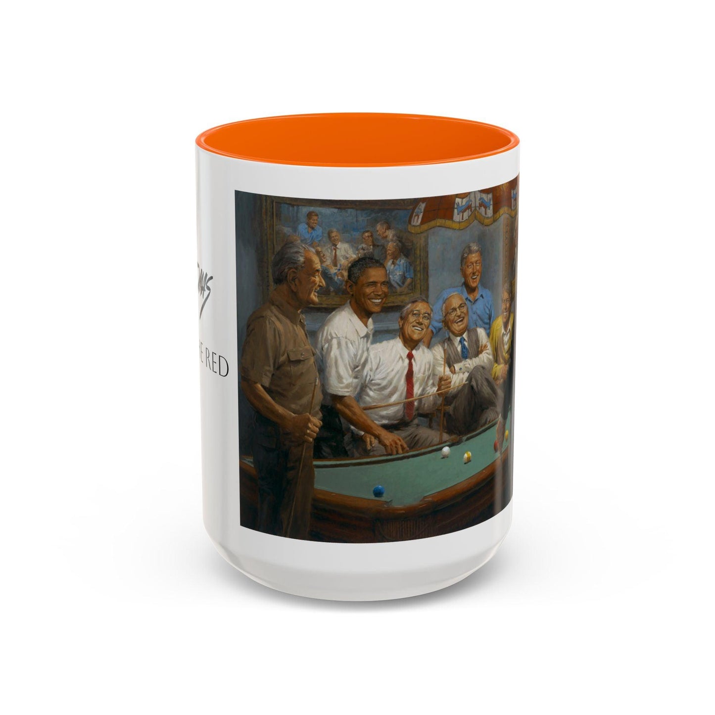 Callin' the Red Accented Coffee Mug - 11oz & 15oz - Democrat Presidents Playing Pool - Andy Thomas Designs