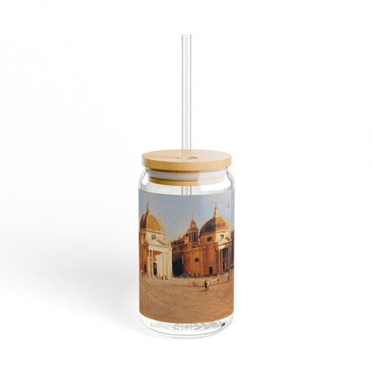 Piazza del Popolo | Italian Landscape - Artistic 16oz Sipper Glass with Straw - Explore Iconic Architecture - Andy Thomas Designs