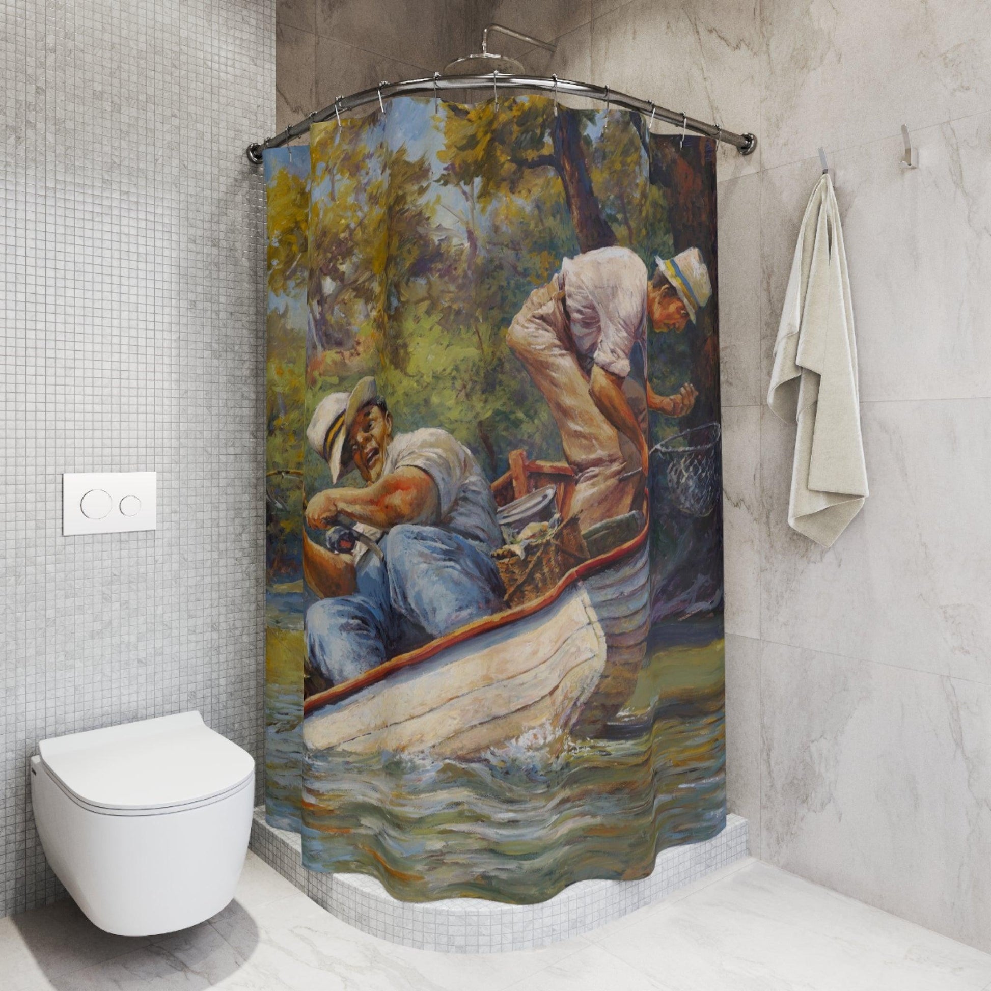 Fishing Shower Curtain - Men on Fishing Boat Design for Bathroom Decor - Andy Thomas Designs