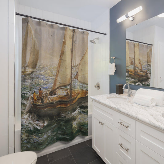 Warm Sail | Maritime themed Shower Curtain - Vintage Ship Art Design for Bathroom Decor - Andy Thomas Designs