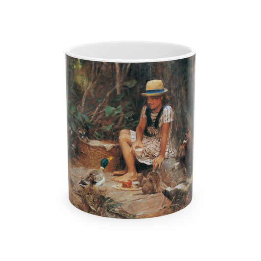 Picnic with Animals | Animal Girl | Ceramic Mug — Vintage Country Life Coffee Cup (11oz/15oz)