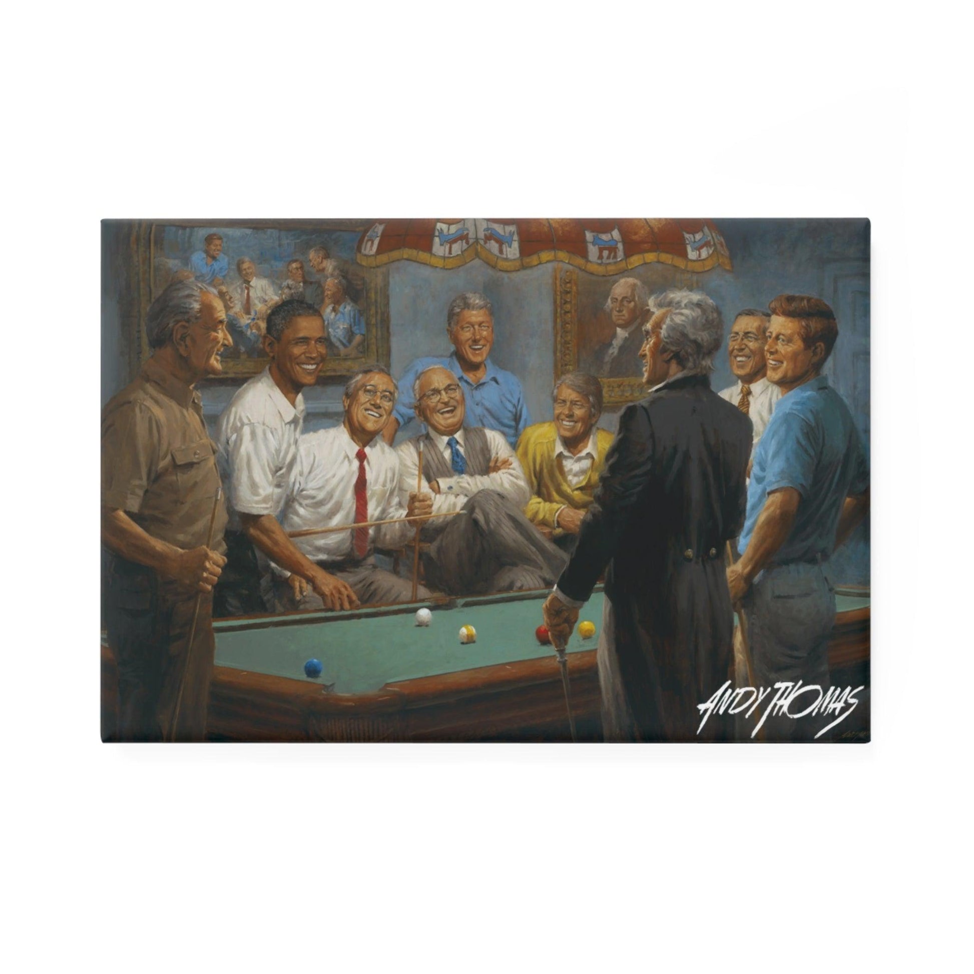 Callin' the Red Button Magnet - Political Collectible - Democratic Presidents Playing Pool - Andy Thomas Designs