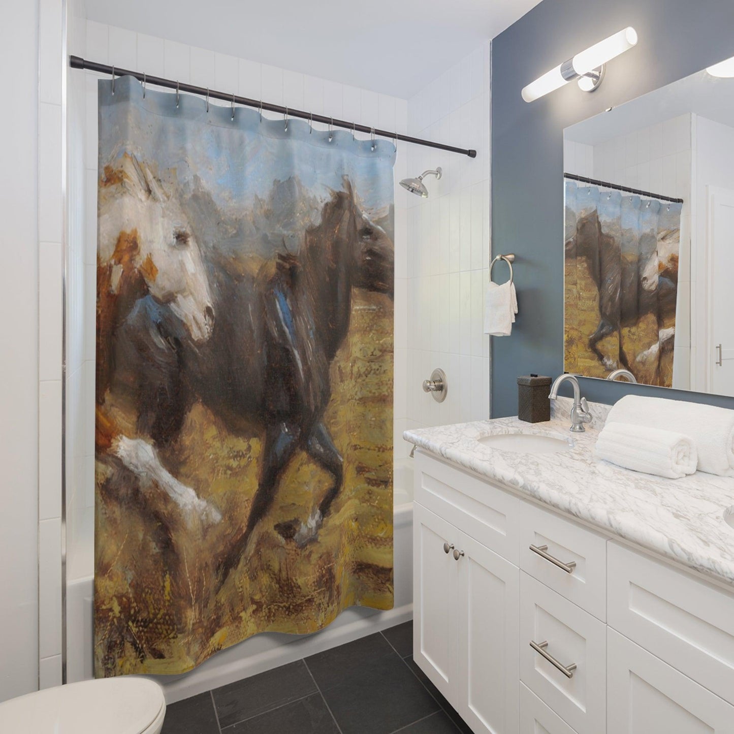 Horse Adventure Shower Curtain - Horses Running Free Design for Bathroom Decor - Andy Thomas Designs