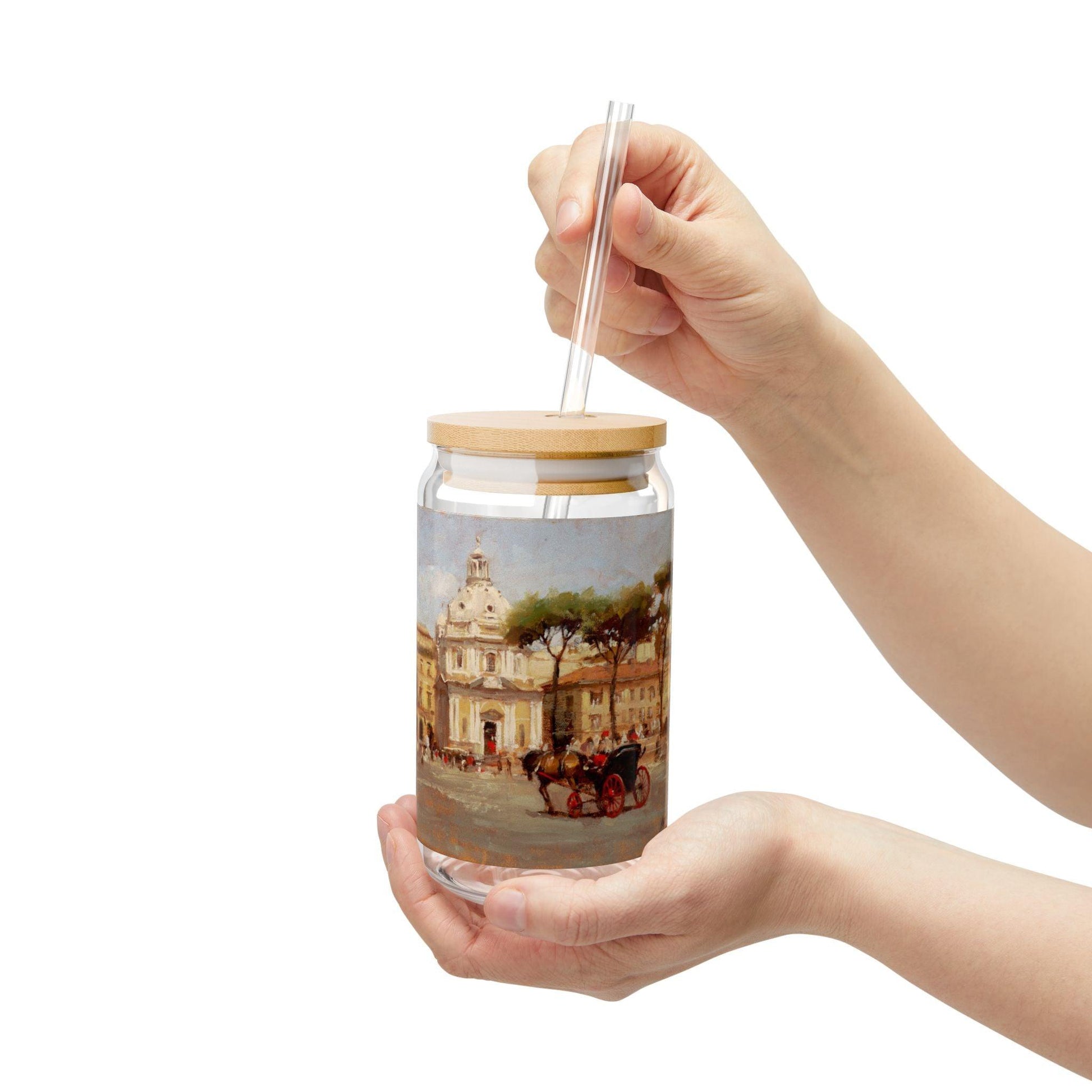 Buggy Ride at Piazza del Popolo | Italian Landscape-Themed 16oz Sipper Glass with Bamboo Lid - Andy Thomas Designs