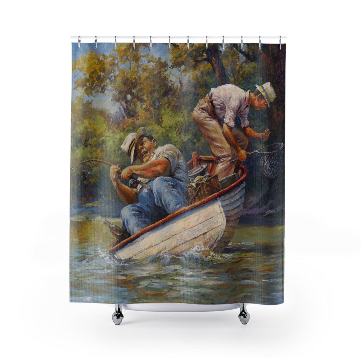 Fishing Shower Curtain - Men on Fishing Boat Design for Bathroom Decor - Andy Thomas Designs