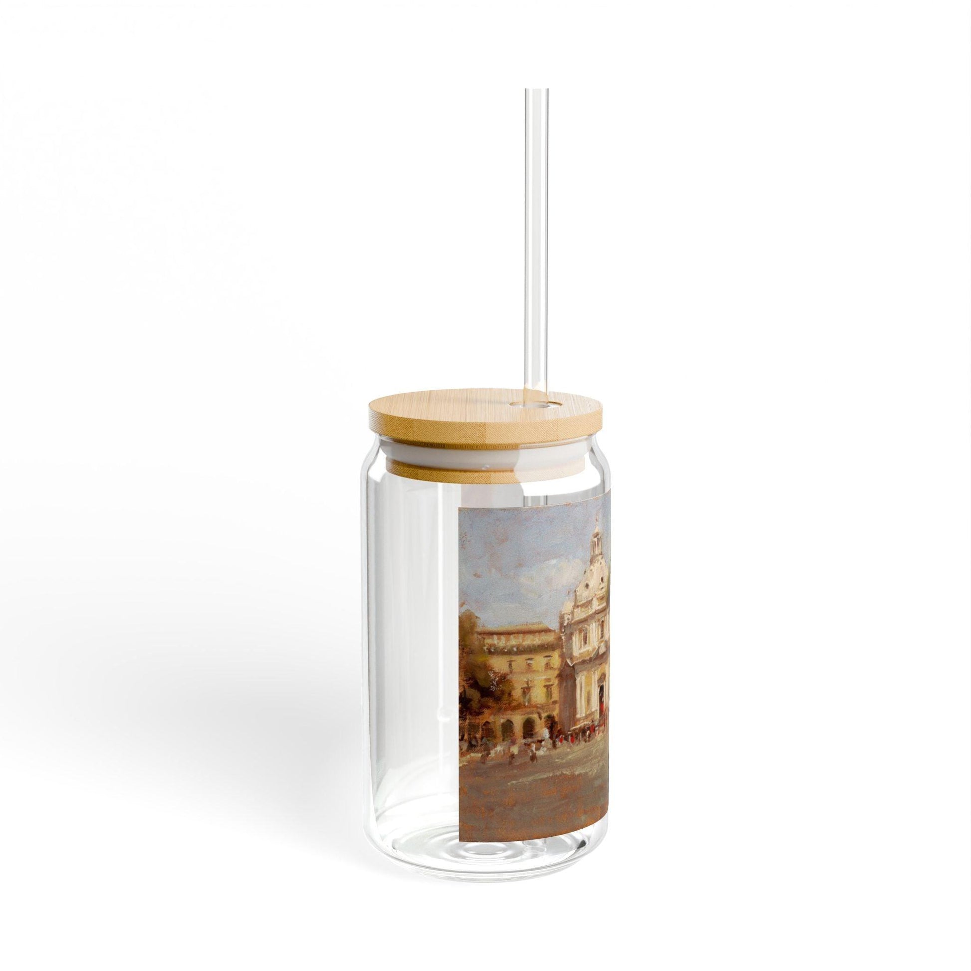 Buggy Ride at Piazza del Popolo | Italian Landscape-Themed 16oz Sipper Glass with Bamboo Lid - Andy Thomas Designs