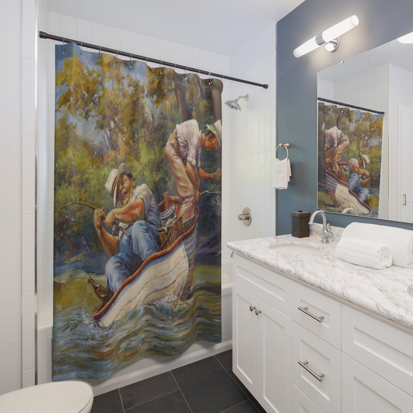 Fishing Shower Curtain - Men on Fishing Boat Design for Bathroom Decor - Andy Thomas Designs