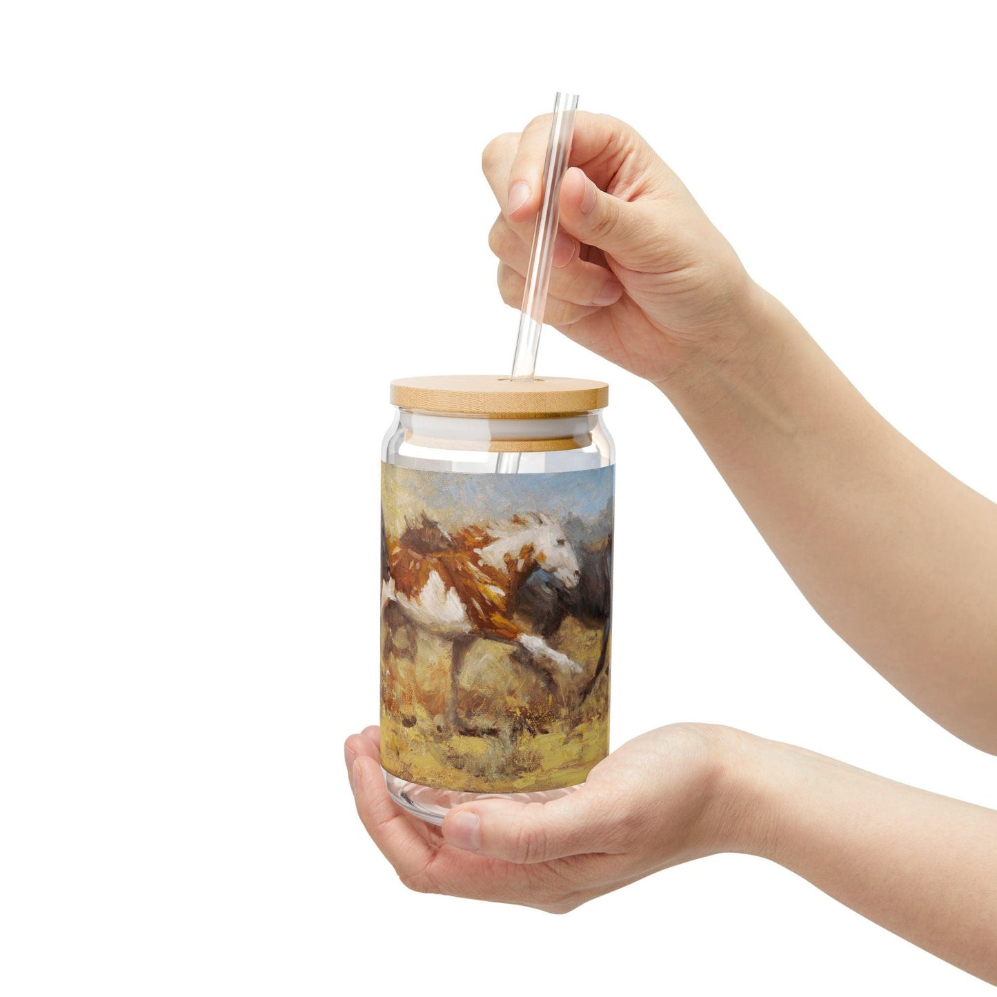 Freedom | Horse-Themed 16oz Sipper Glass with Bamboo Lid - Nature Lover's Drinkware - Andy Thomas Designs