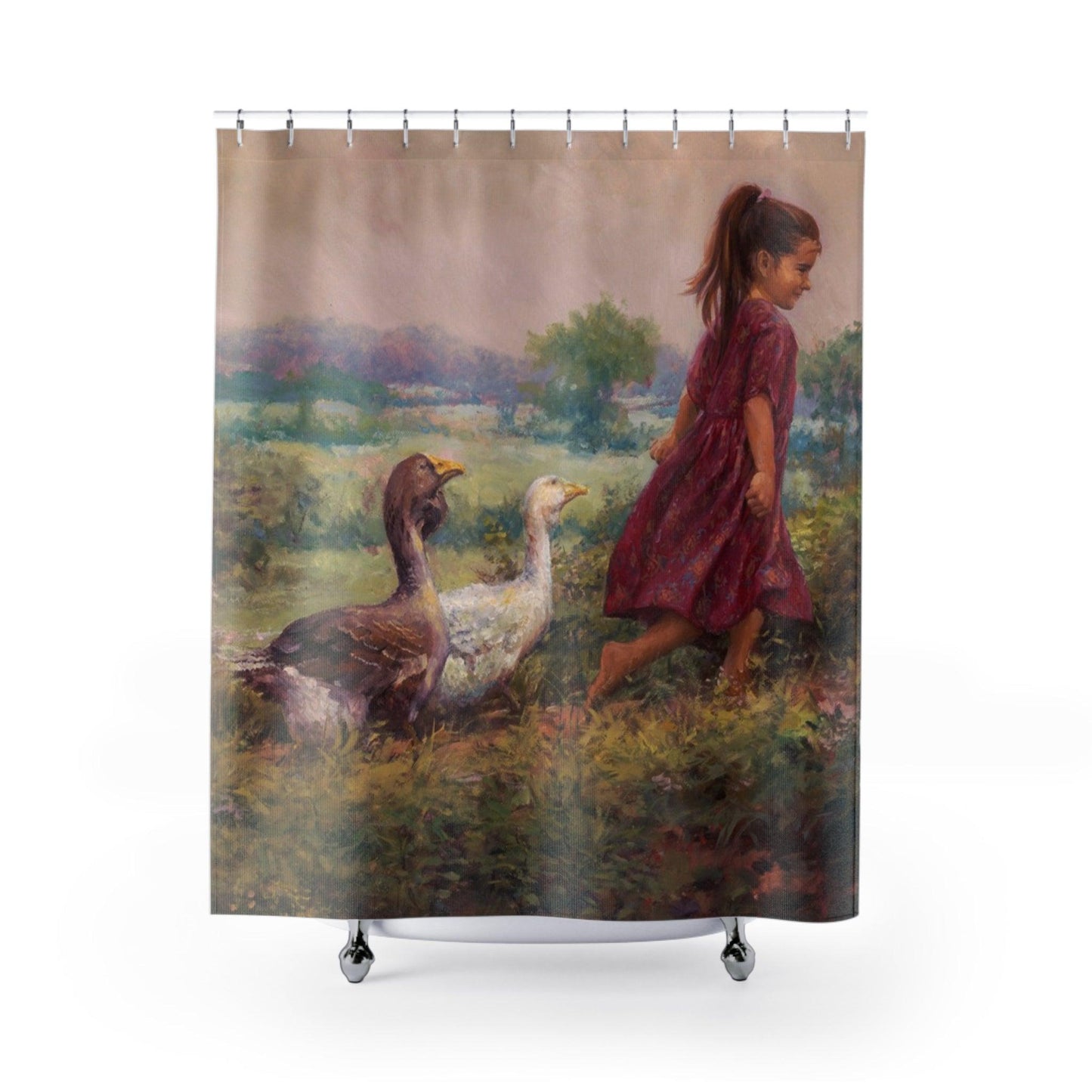 Goose Girl Shower Curtain - Little Girl with animals Design for Bathroom Decor - Andy Thomas Designs