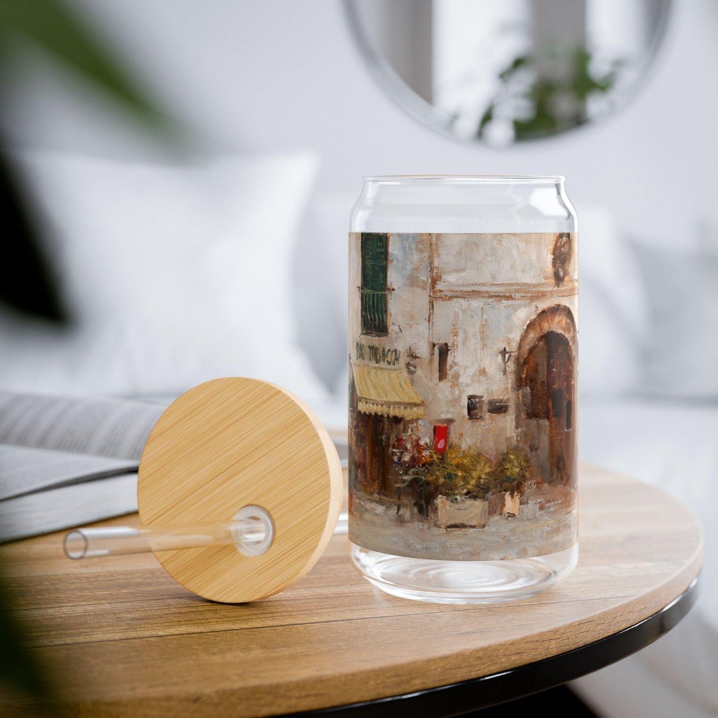 Scansano Tabacchi | Italian Landscape Sipper Glass, 16oz - Eco-Friendly Drinking with Bamboo Lid - Andy Thomas Designs