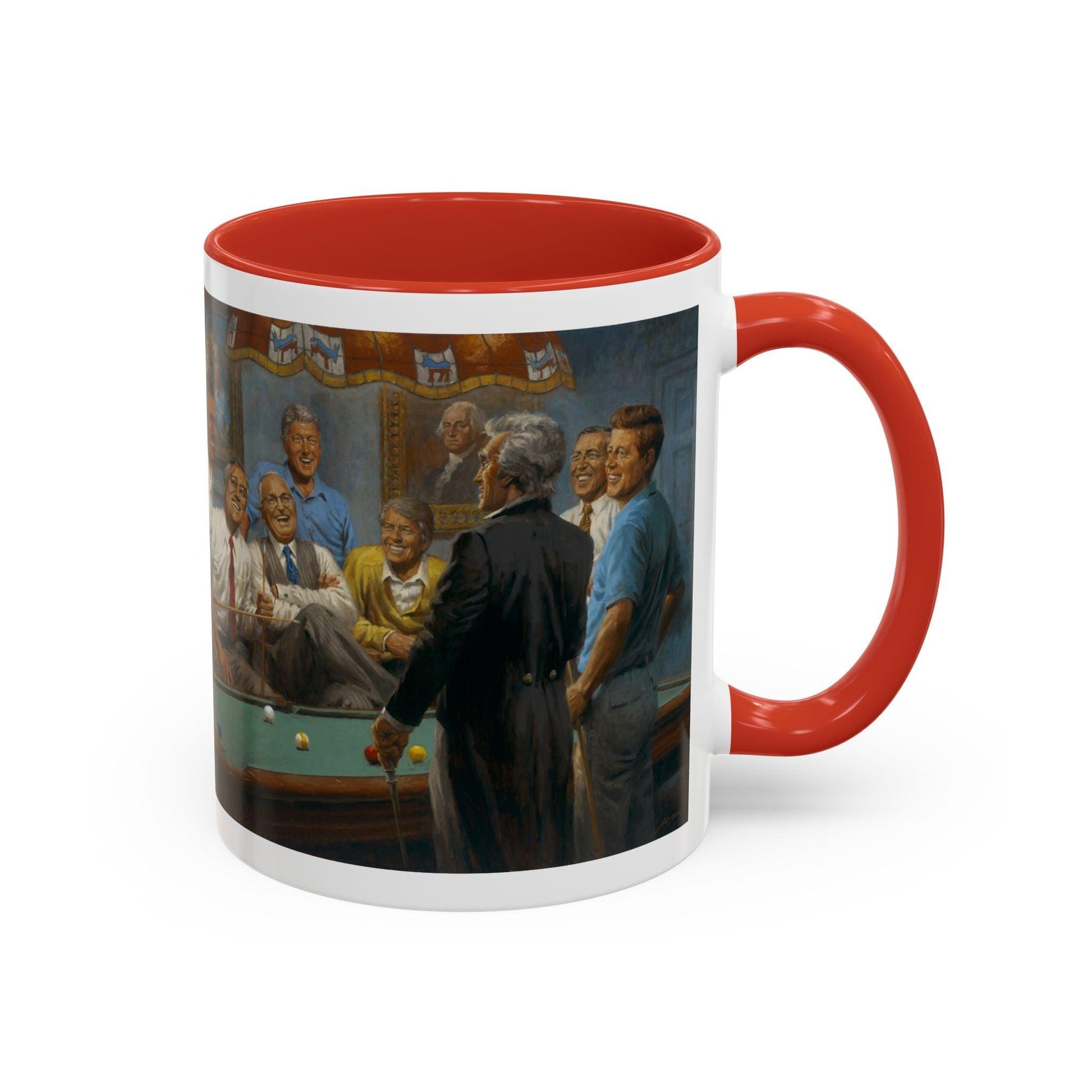 Callin' the Red Accented Coffee Mug - 11oz & 15oz - Democrat Presidents Playing Pool - Andy Thomas Designs