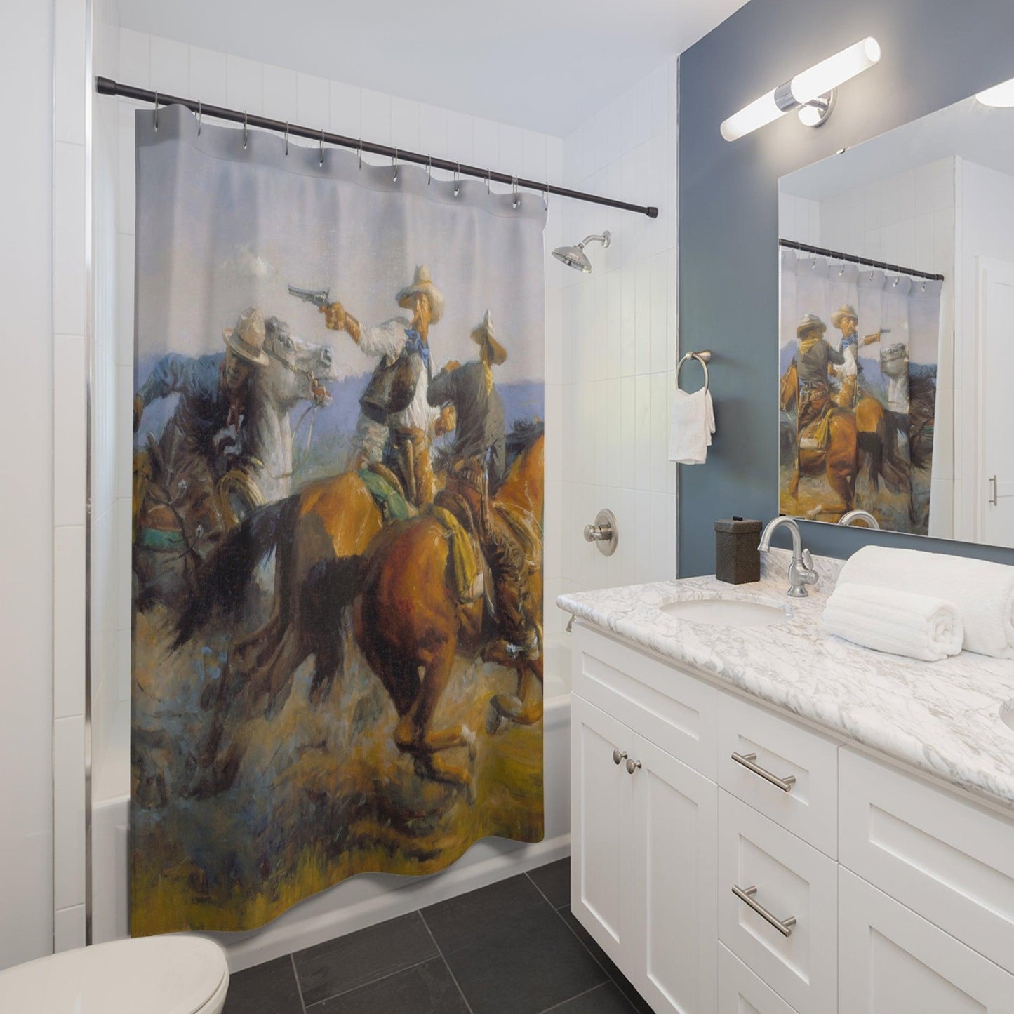 Cowboy Shootout Shower Curtain - Cowboys and Horses Design for Bathroom Decor - Andy Thomas Designs