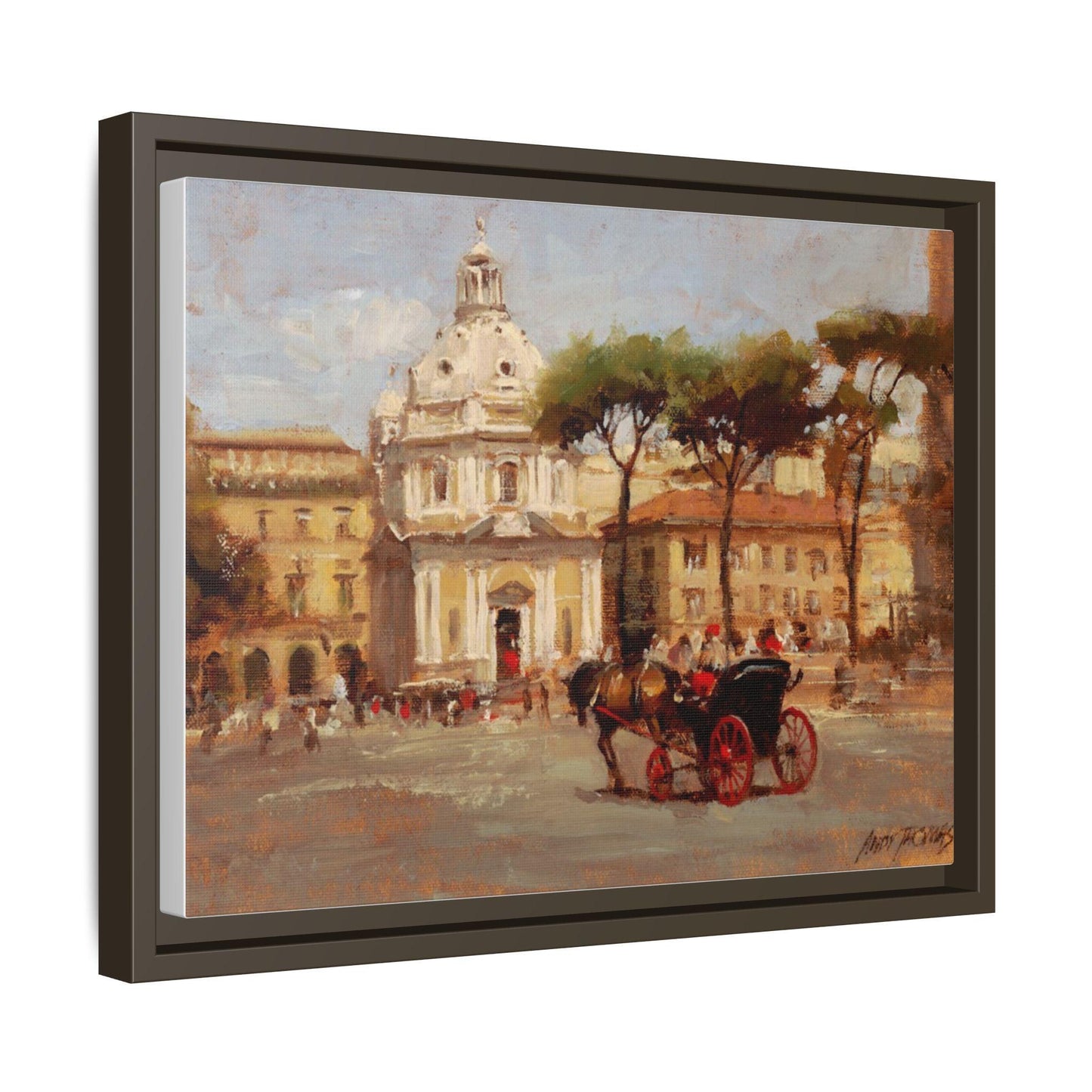 Buggy Ride at Piazza del Popolo - Framed Matte Canvas Art - Historic Italian Landmark Artwork - Andy Thomas Designs