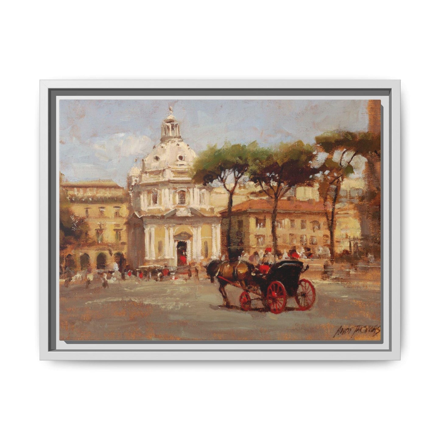 Buggy Ride at Piazza del Popolo - Framed Matte Canvas Art - Historic Italian Landmark Artwork - Andy Thomas Designs