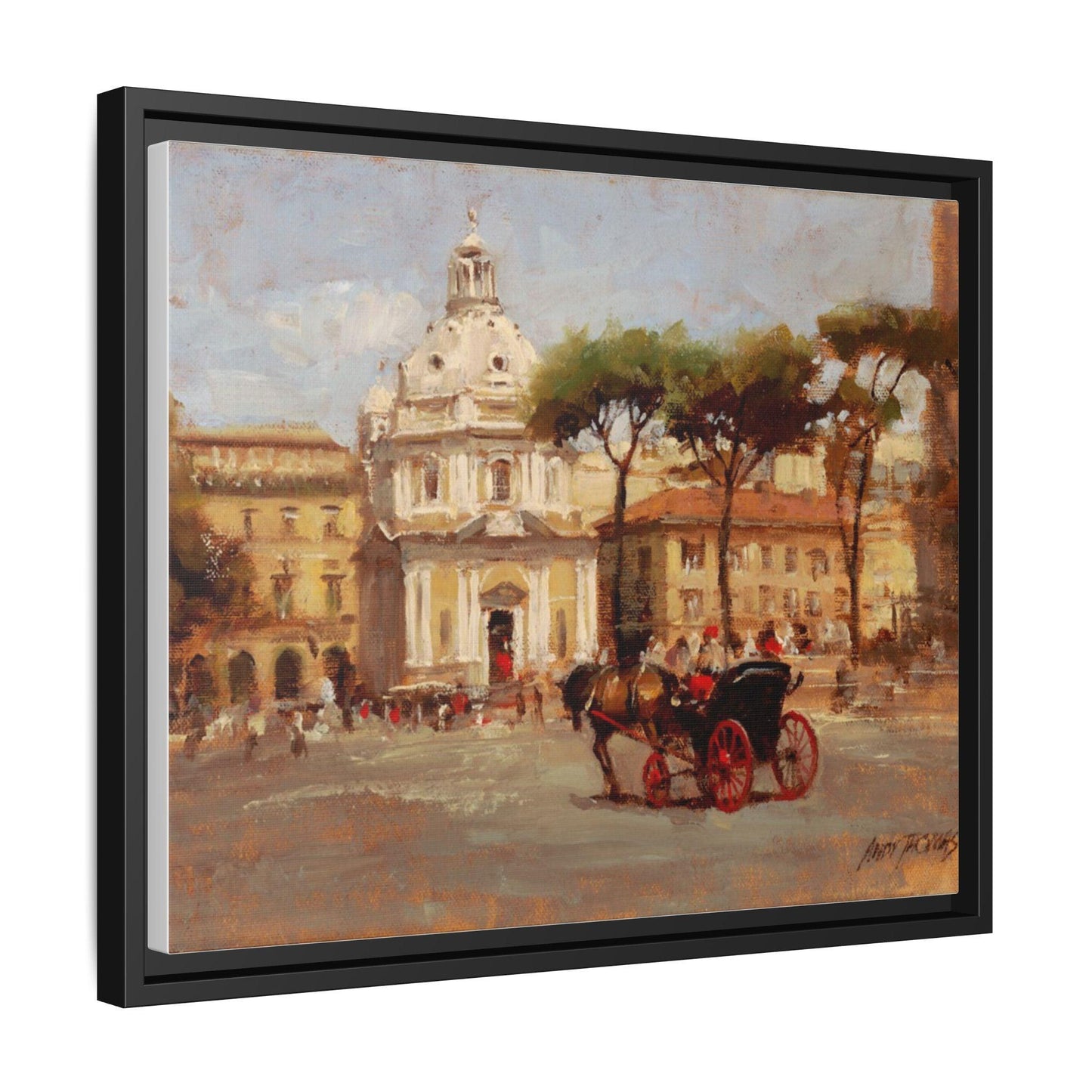 Buggy Ride at Piazza del Popolo - Framed Matte Canvas Art - Historic Italian Landmark Artwork - Andy Thomas Designs