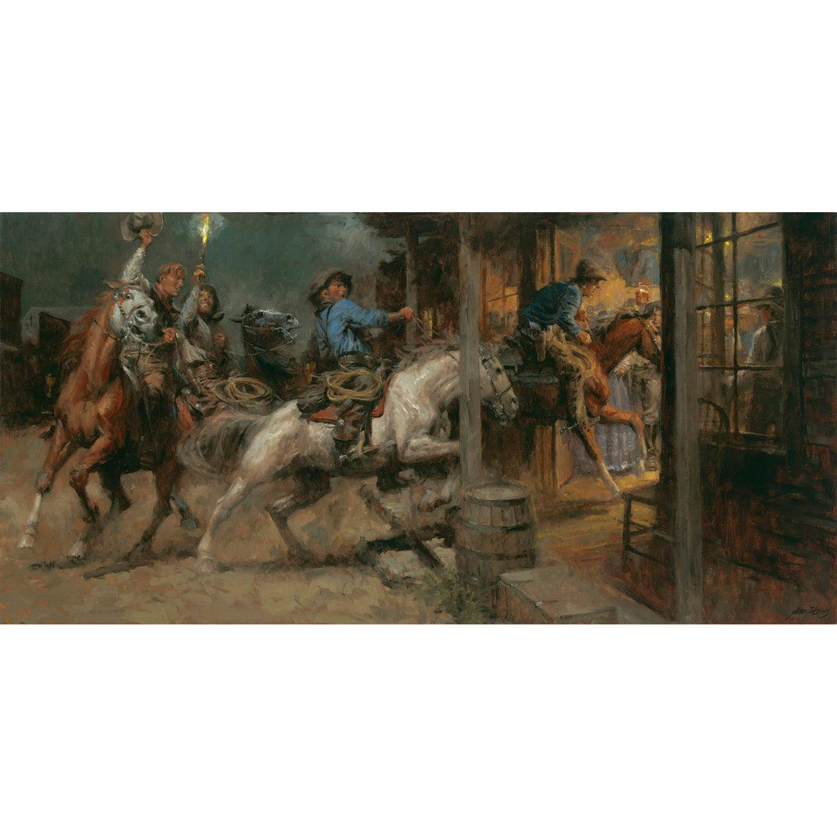 Wall Art: A Knock at the Door | Western | Cowboy & Horses Shootout Scene - Andy Thomas Designs