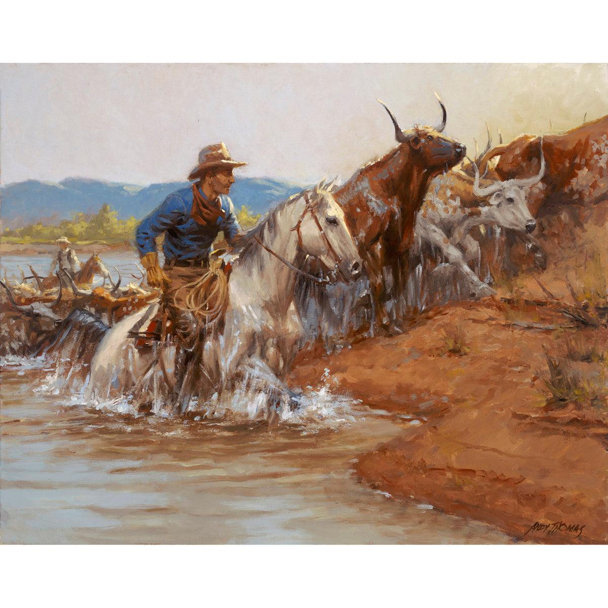 Wall Art: River Crossing | Cowboy Crossing River with Steer | Timeless Ed. - Andy Thomas Designs