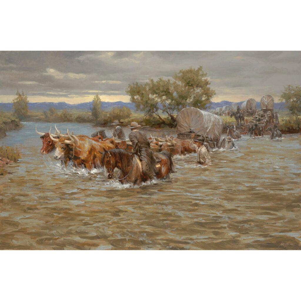 Wall Art: Treacherous Crossing | Wagon-Train River Crossing with Livestock | Timeless Ed. - Andy Thomas Designs