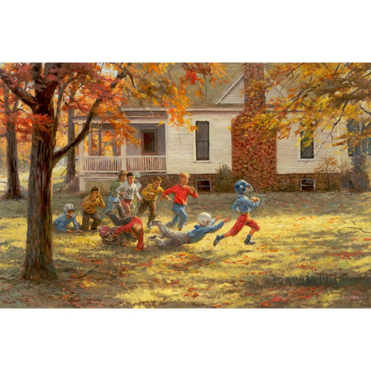 Fall Football Classic by Andy Thomas depicts kids outside a rural Missouri home during a Fall afternoon playing a game of football.