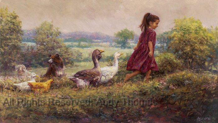 Wall Art: Goose Girl | 12" x 21" Canvas | Little girl with all her animals friends - Andy Thomas Designs