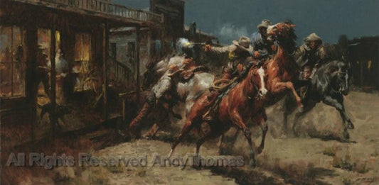 Wall Art: Bad Whiskey | Western Saloon | Cowboy & Horses Shootout Scene | - Andy Thomas Designs