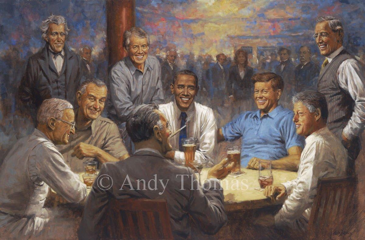 The Democratic Club by Andy Thomas | U.S. Democratic Presidents featuring President Barack Obama depicted with their favorite beverages in a club scene.