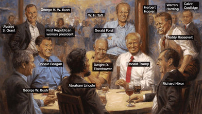 Labeled version of The Republican Club by Andy Thomas showing Republican U.S. Presidents including Donald Trump, Abraham Lincoln, Ronald Reagan, Dwight D. Eisenhower, Richard Nixon, George H.W. Bush, George W. Bush, Theodore Roosevelt, William H. Taft, Herbert Hoover, Calvin Coolidge, Warren G. Harding, and Gerald Ford.